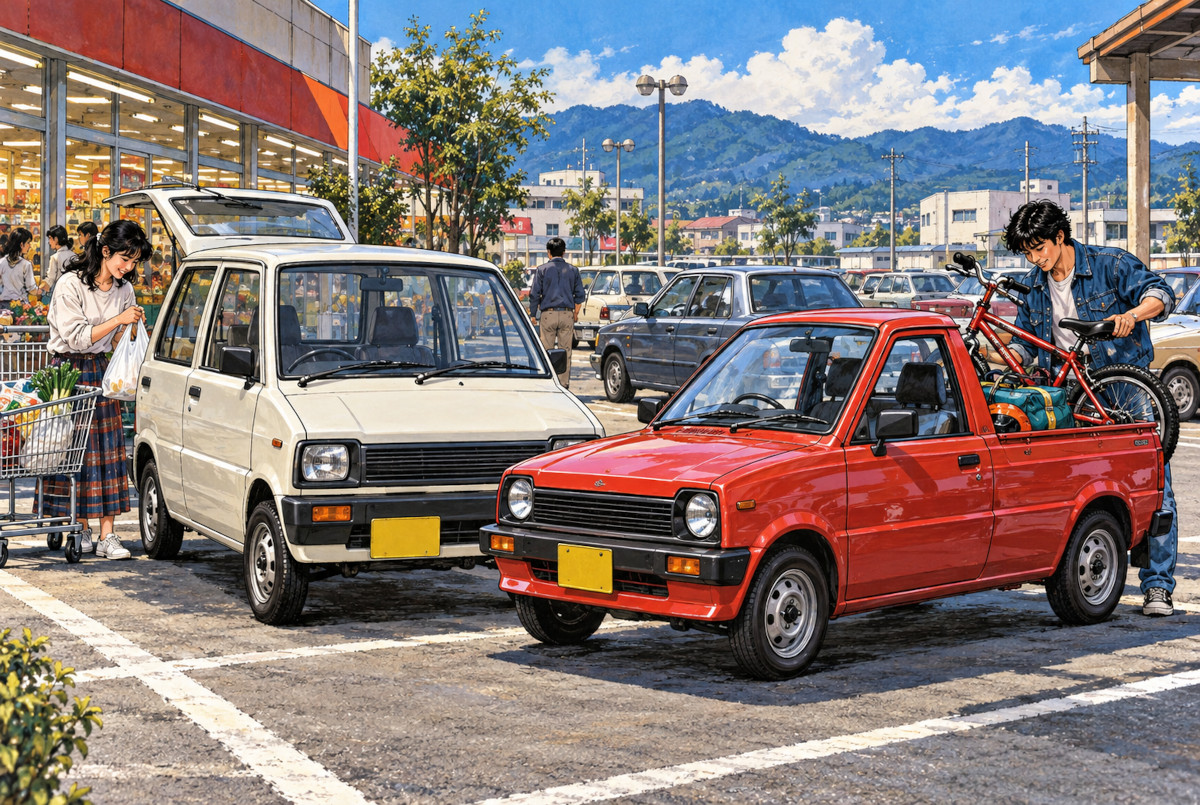 軽ボンネットバンと遊び用途のマイティボーイを対比した1980年代風のAIイメージ