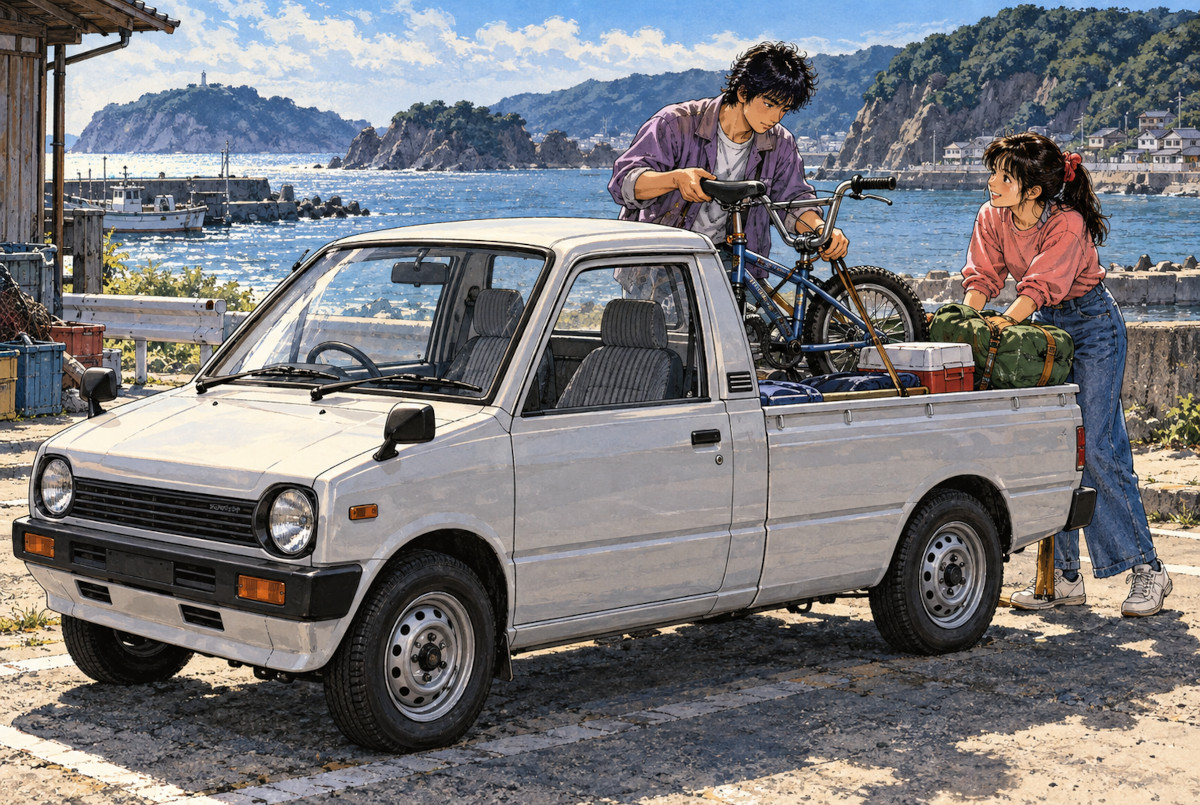 マイティボーイ風の軽ピックアップにBMXと遊び道具を積む1980年代の若者のAIイメージ