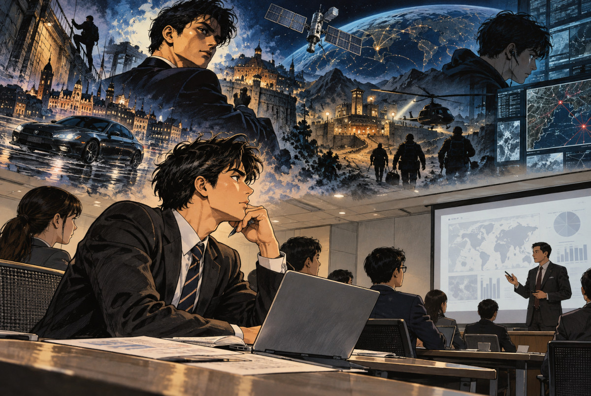 Gekiga-style illustration contrasting cinematic spy fantasies with a realistic government intelligence recruitment briefing