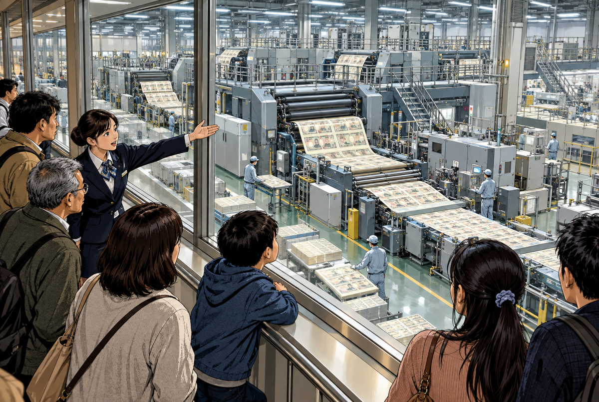 Gekiga-style illustration of visitors observing a banknote-printing factory through a glass viewing area