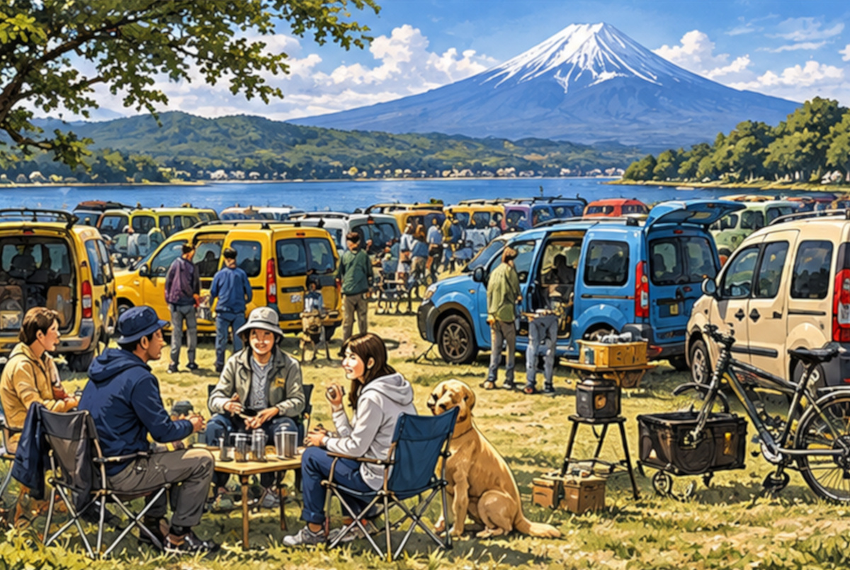富士山を望む湖畔に多数のカングー風車両とオーナーが集まるAI生成イメージ