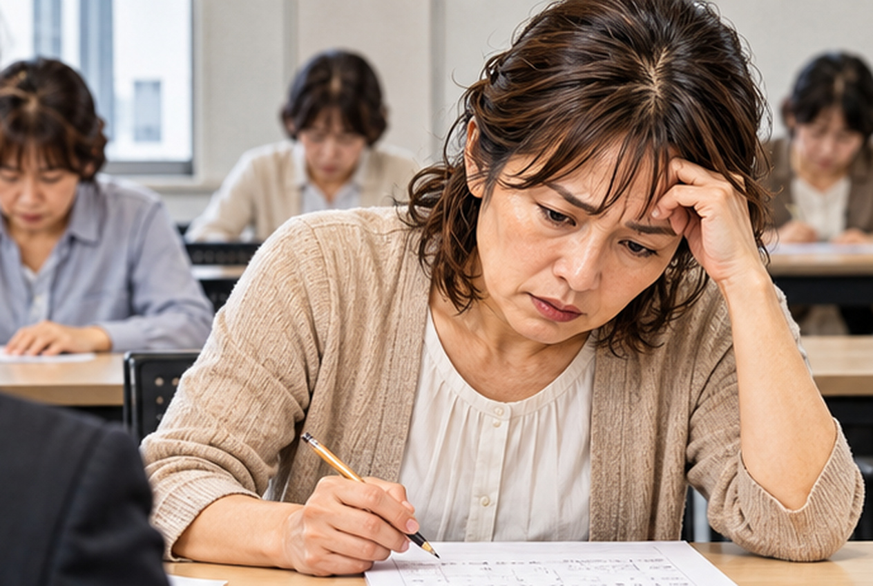 パート採用の計算問題を前に戸惑う40代女性のイメージ