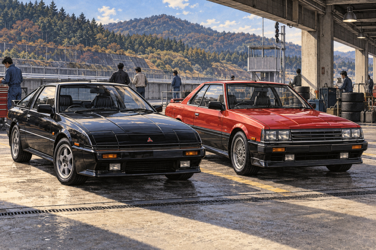 1984年の三菱スタリオンGSR-Vと日産スカイラインDR30をイメージしてサーキットの駐車場に並べた創作イラスト