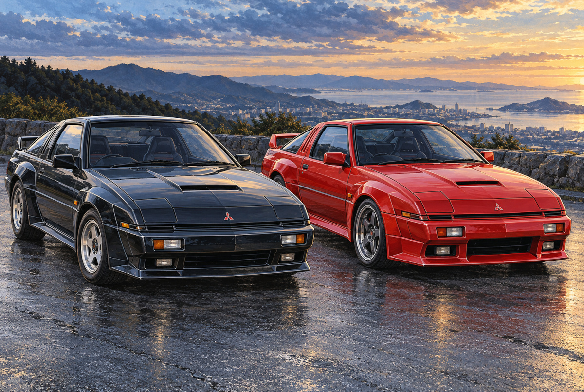 1987年型スタリオン2000GSR-VRと1988年型2600GSR-VRをイメージした黒と赤のワイドボディ車の比較イラスト