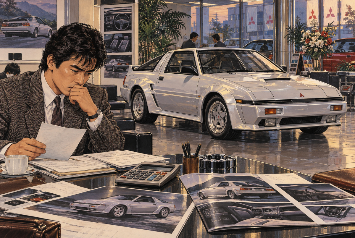 1987年の三菱車販売店でスタリオン2000GSR-VRの維持費を検討する男性を描いた昭和カー雑誌風イラスト