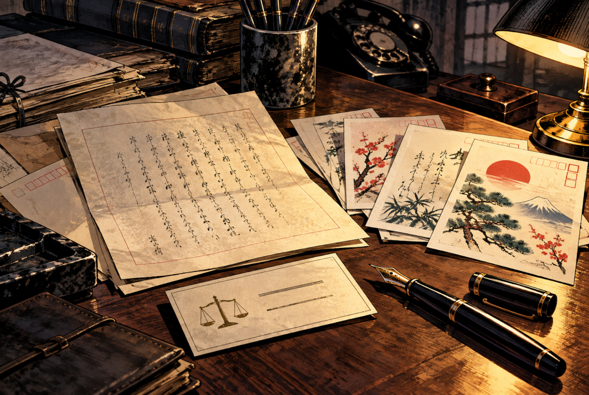 昭和の机に並んだ弁護士名義の名刺、紹介状、年賀状、万年筆を描いた創作イラスト