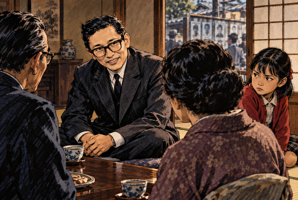 1964年の日本の和室で弁護士を名乗る男を迎える大人たちと、疑いの目を向ける少女の創作イラスト
