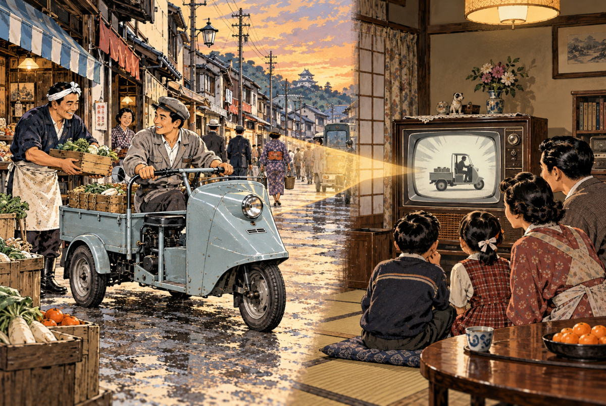 1957年の店頭営業と1958年以降のテレビ認知拡大を対比したミゼットの概念イメージ図