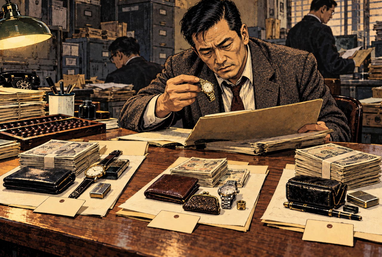 昭和38年の資料整理室をイメージした劇画。机上に事件別の紙幣、腕時計、財布、帳簿、そろばんが並ぶ