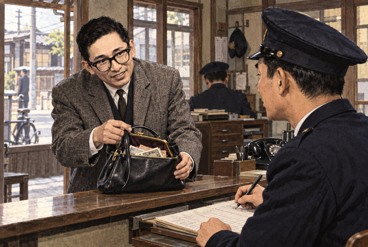 昭和38年の交番をイメージした劇画。眼鏡の男性が現金入りハンドバッグを警察官に差し出している