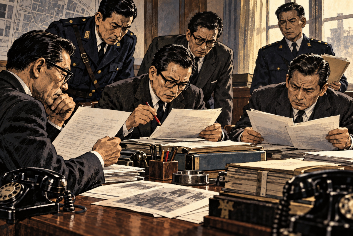 昭和39年の警察本部をイメージした会議室で、幹部らが赤鉛筆と報告書を使い記録を確認している劇画
