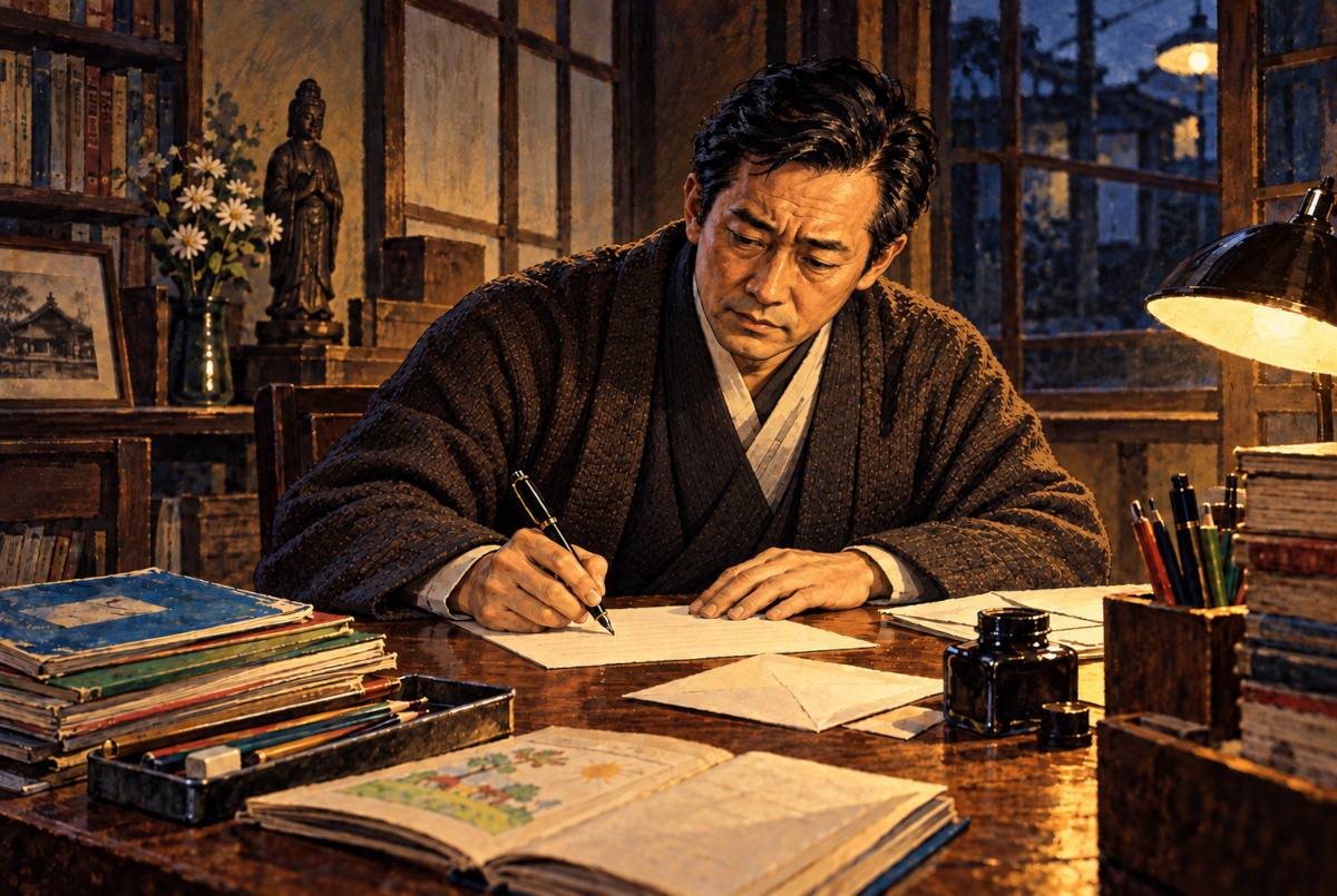 昭和40年代の日本の書斎で、宗教家をイメージした男性が万年筆で手紙を書く様子。机には封筒と子供の学習帳が置かれている