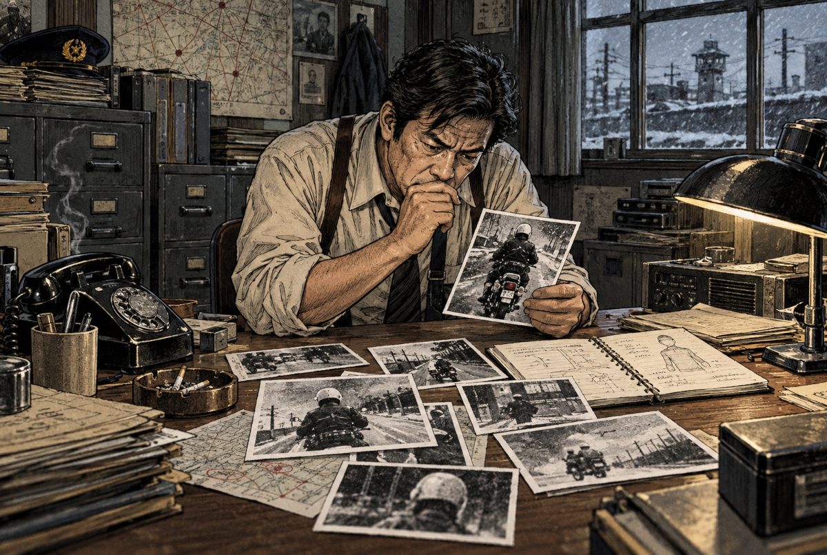昭和40年代後半の警察捜査室をイメージした劇画。刑事風の男性が白バイの写真を手に取り、机上の資料と照合している