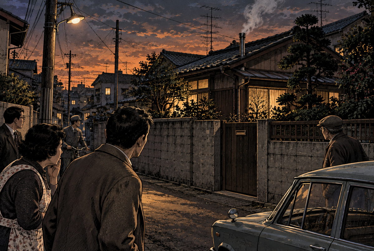 昭和43年の東京・多摩地域をイメージした住宅街。煙突から煙が上がる家を近隣住民が見つめている劇画イラスト