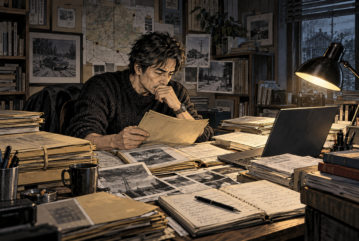 2026年の資料調査室をイメージした劇画。中年の編集者がノートPCと古い事件記録、写真、手書きのノートを照合している