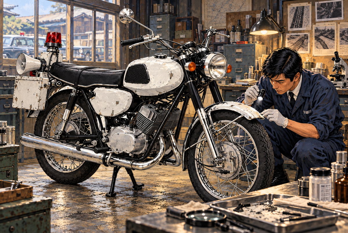 昭和43年の鑑識室をイメージした劇画。鑑識員が白く塗られたヤマハ350R1風の偽白バイの前輪フェンダーを調べている