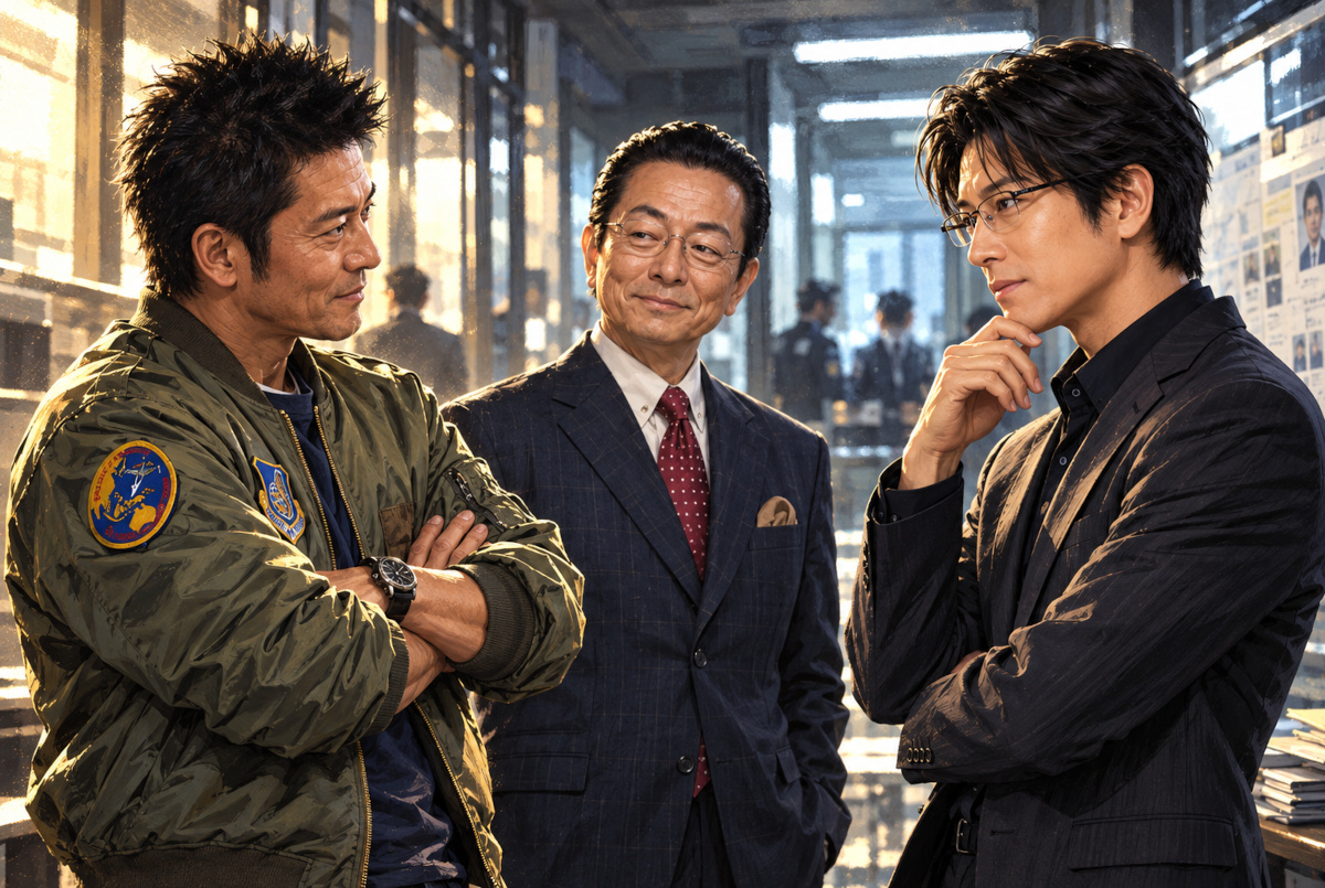 杉下右京を中心に、亀山薫と神戸尊を思わせる二人の刑事が向き合うAI生成イラスト