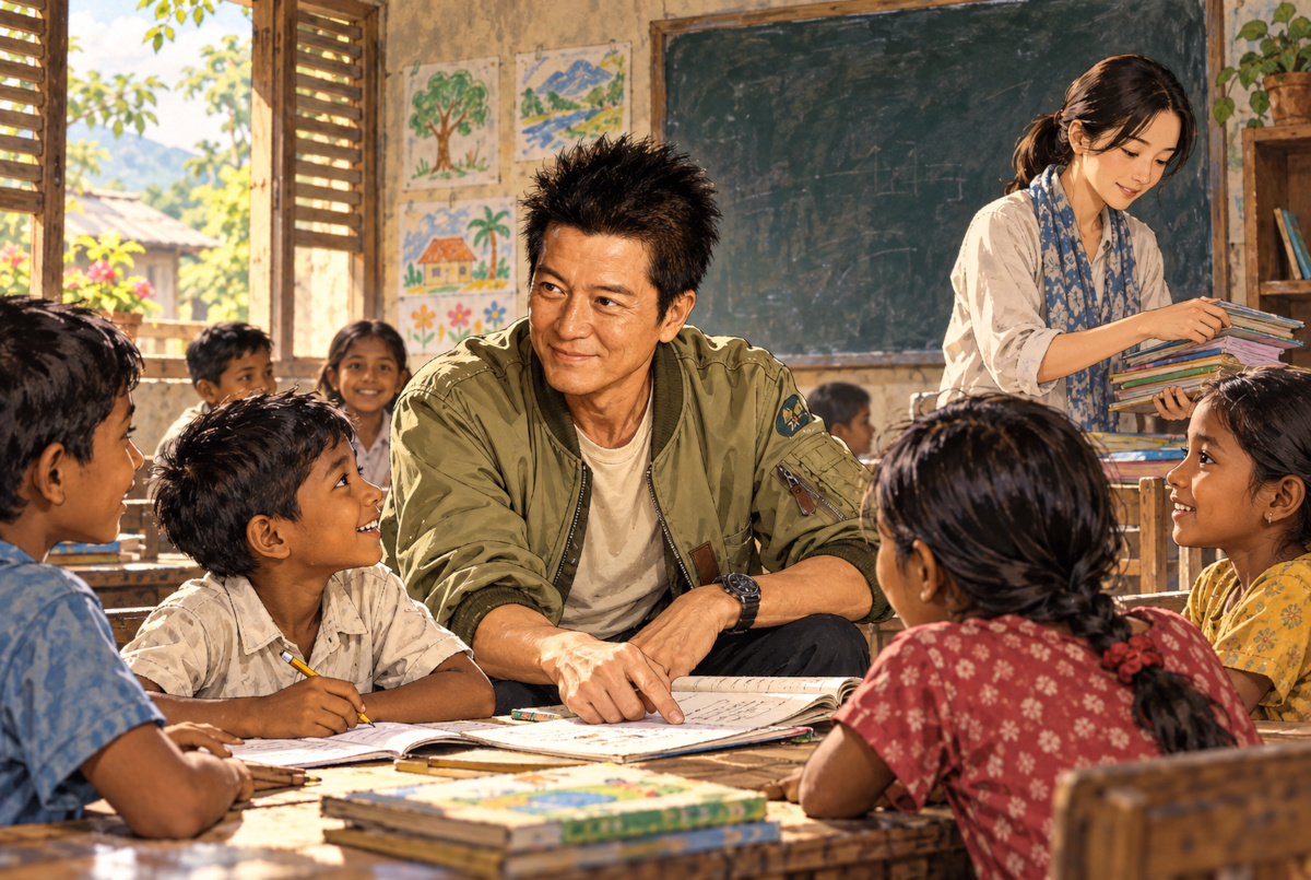 架空の国サルウィンの村で、亀山薫を思わせる日本人男性と女性が子どもたちの学習を支援しているAI生成イラスト