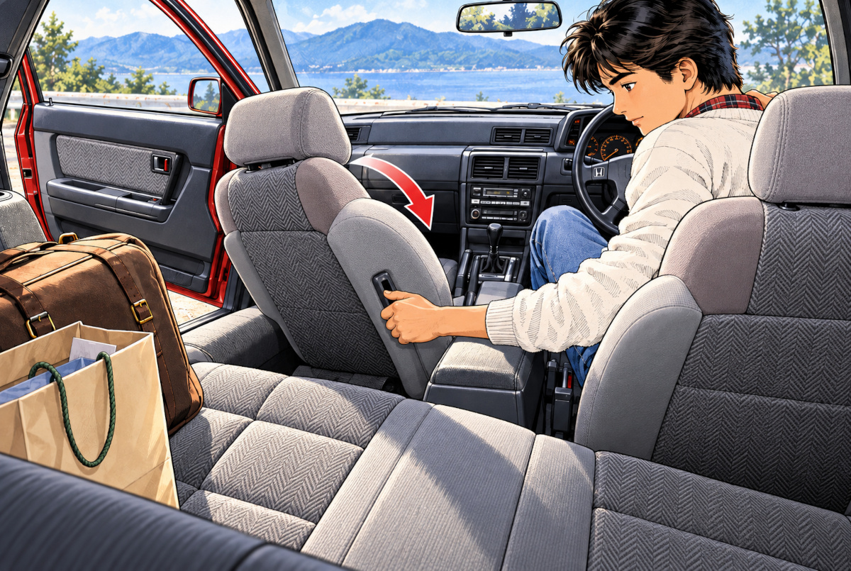 運転席の男性が助手席内側の操作レバーに手をかける場面を描いたAI生成イラスト