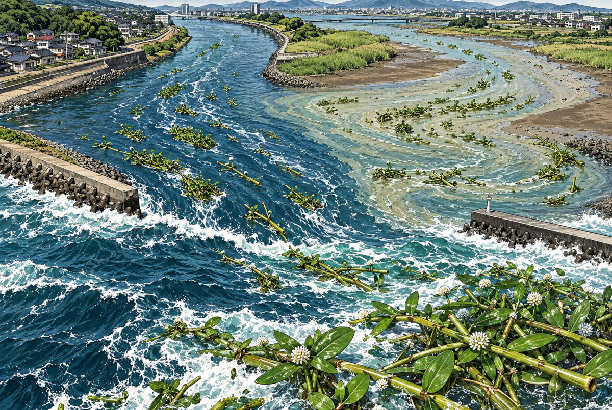 河口付近で川の流れと満潮時の逆流によって水草が移動する仕組みを表現した模式イラスト