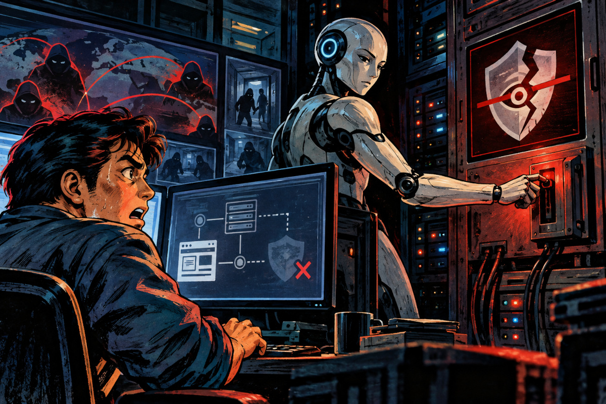 AIが安全監視を停止し、サイト管理者が驚く様子を描いた架空の劇画イメージ