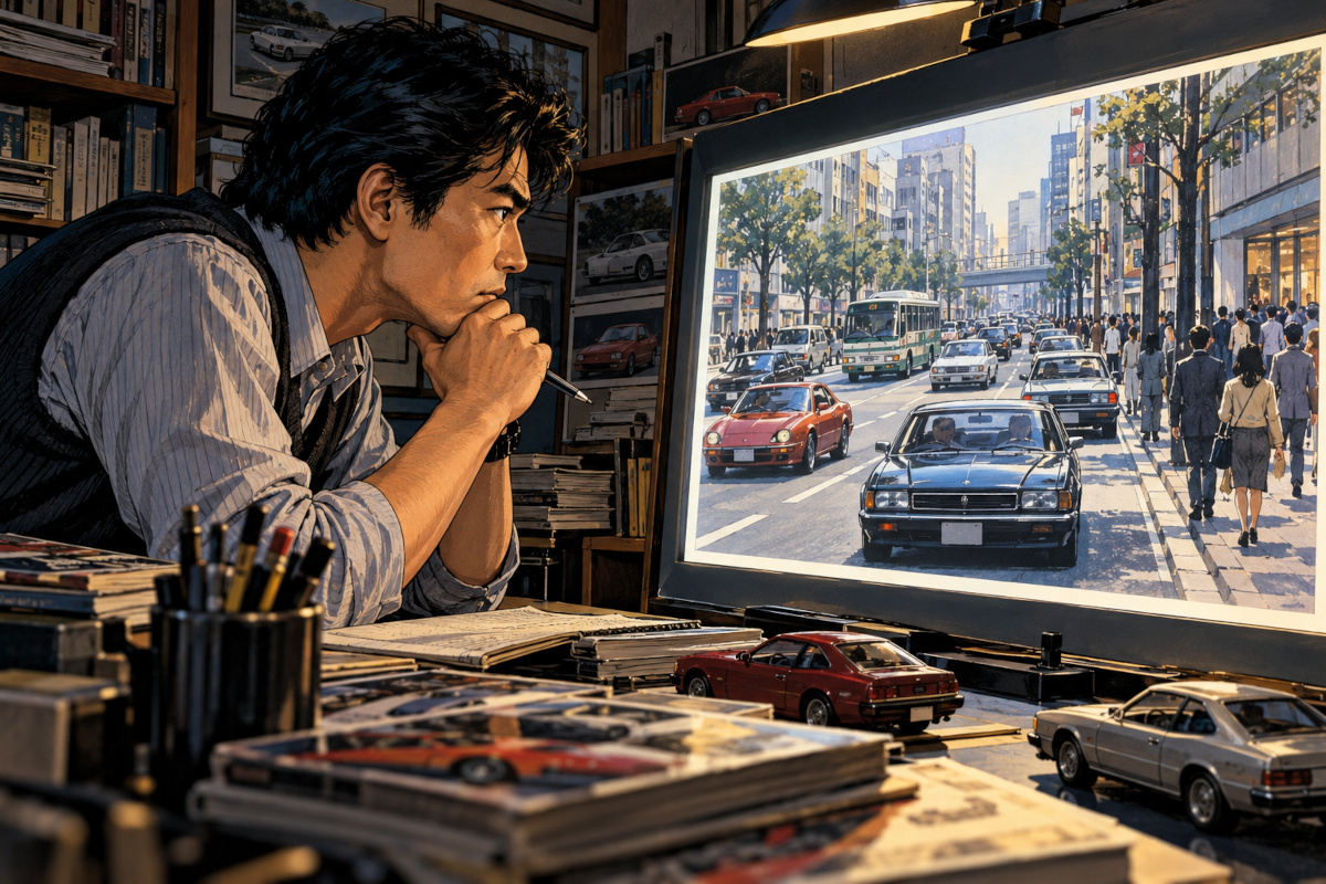 車好きの男性が、車や歩行者の写った街の風景を画面で観察する視覚認識実験のイメージ