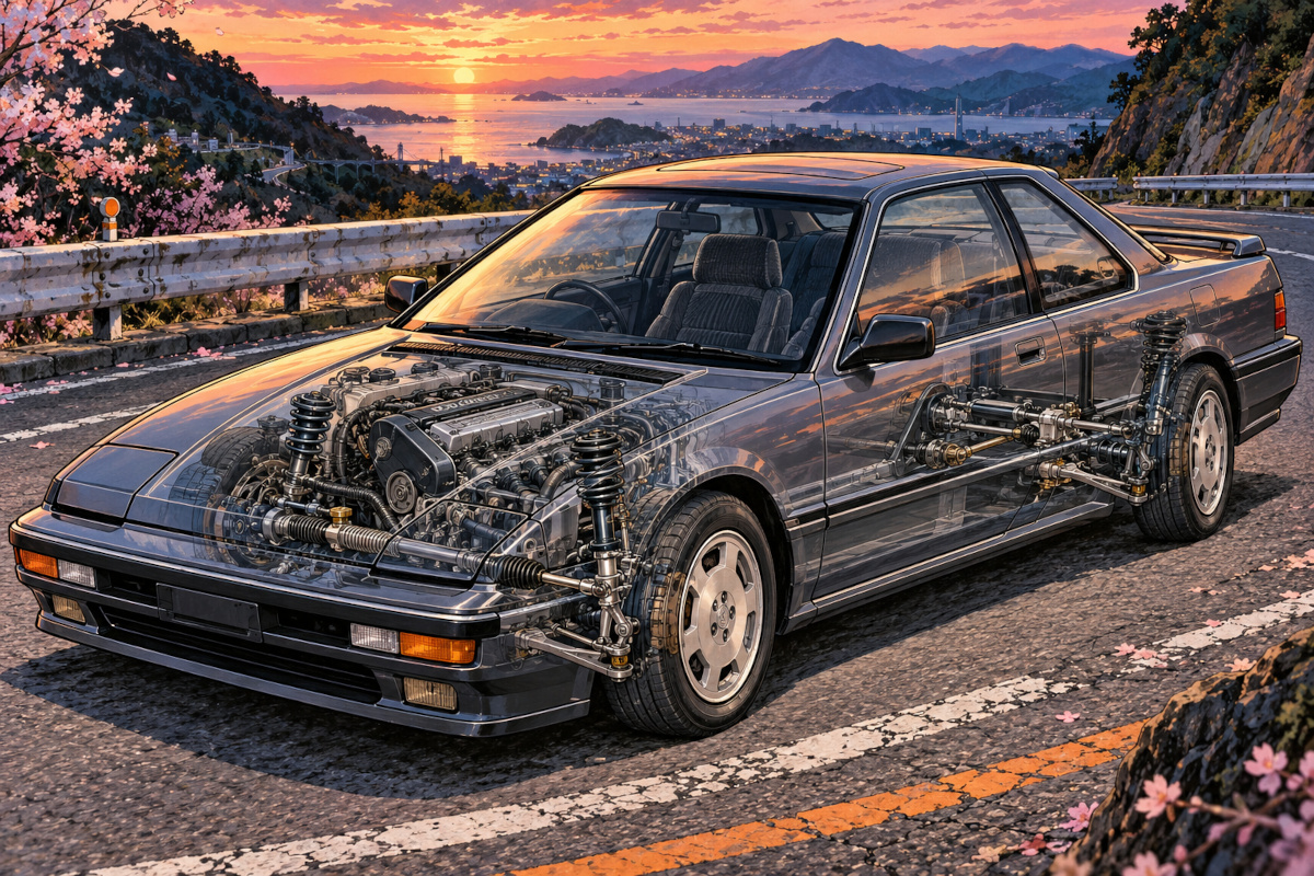 1987年型ホンダ・プレリュードをイメージした車体と、前後輪の操舵機構を透視表現した概念イラスト