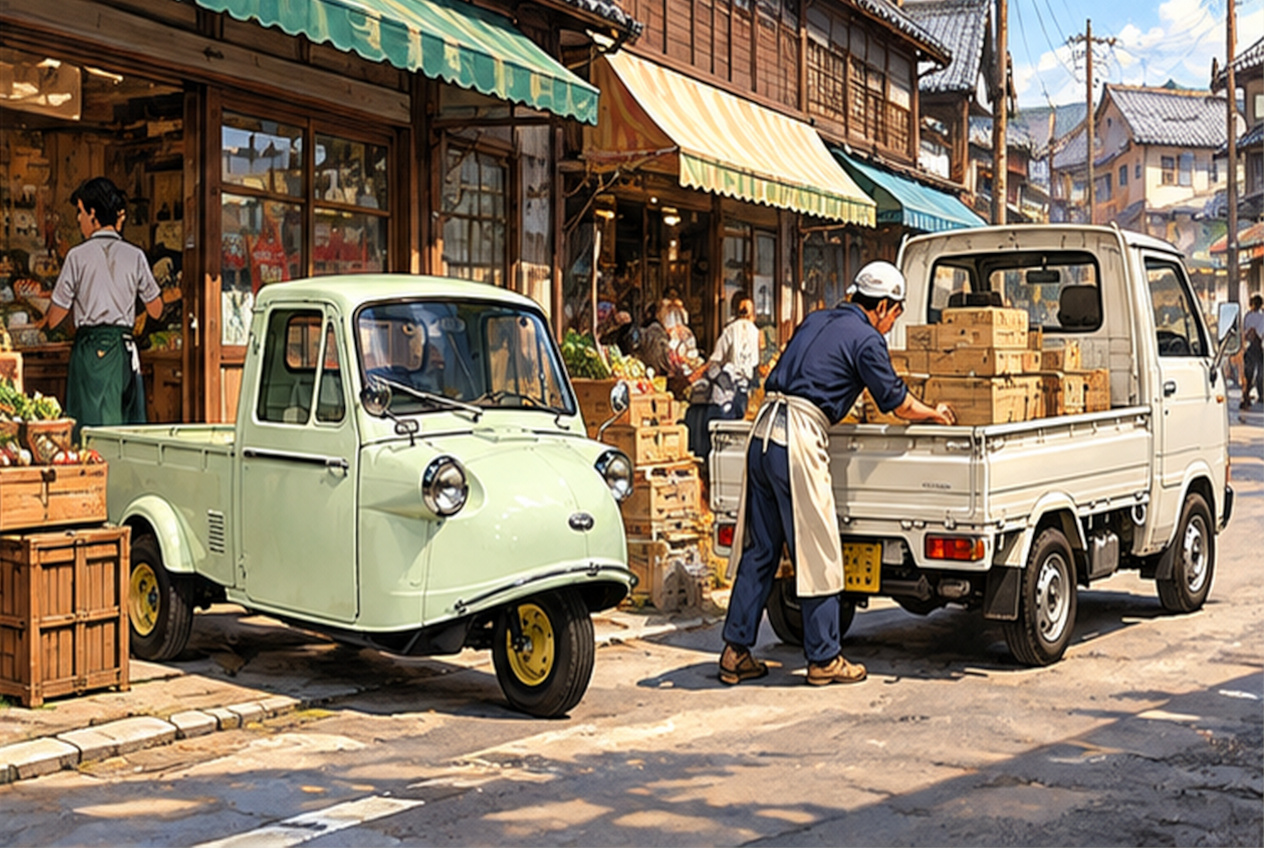 昭和の商店街でダイハツ・ミゼットMP型と白いハイゼット風軽トラックがそれぞれ配送作業に使われているカラー劇画