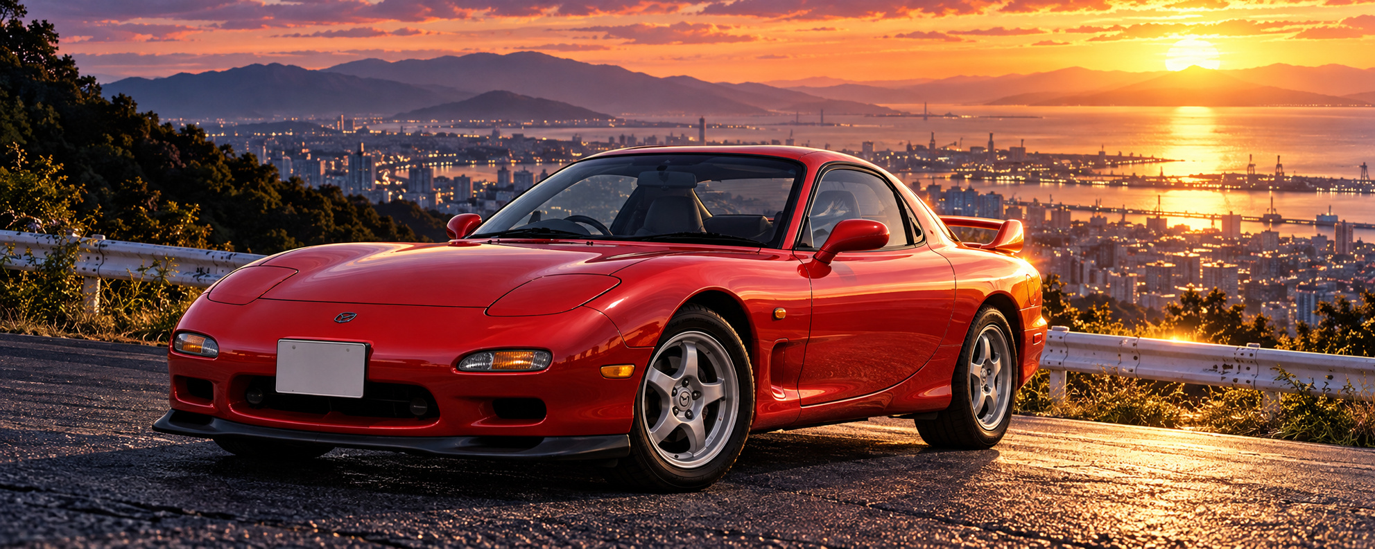夕暮れの展望道路に停まる赤いマツダRX-7 FD3Sのイメージイラスト