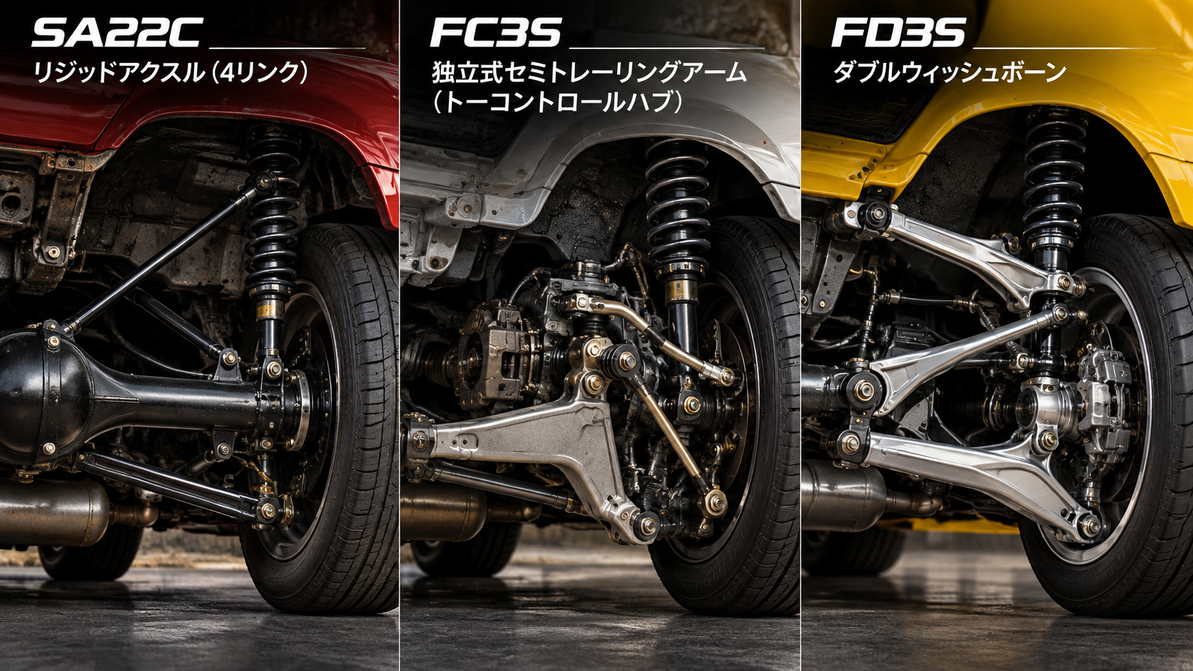 SA22Cの4リンク・リジッド、FC3Sの独立式セミトレーリングアーム、FD3Sのダブルウィッシュボーンを比較するCG