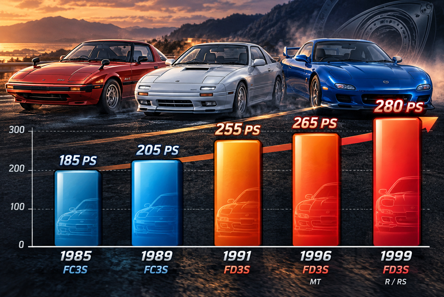 RX-7の出力推移。1985年185PS、1989年205PS、1991年255PS、1996年265PS、1999年280PS