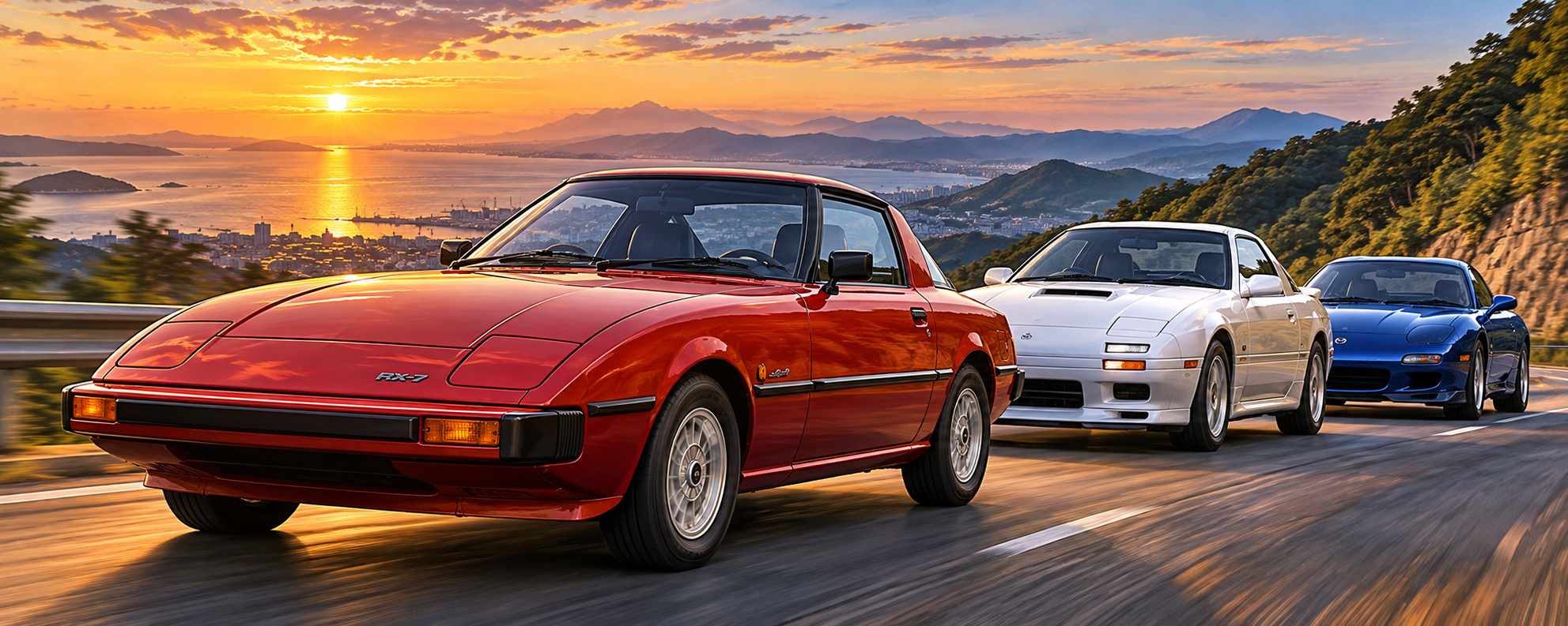 初代SA22C、2代目FC3S、3代目FD3SのRX-7が夕暮れの山道を走るイラスト