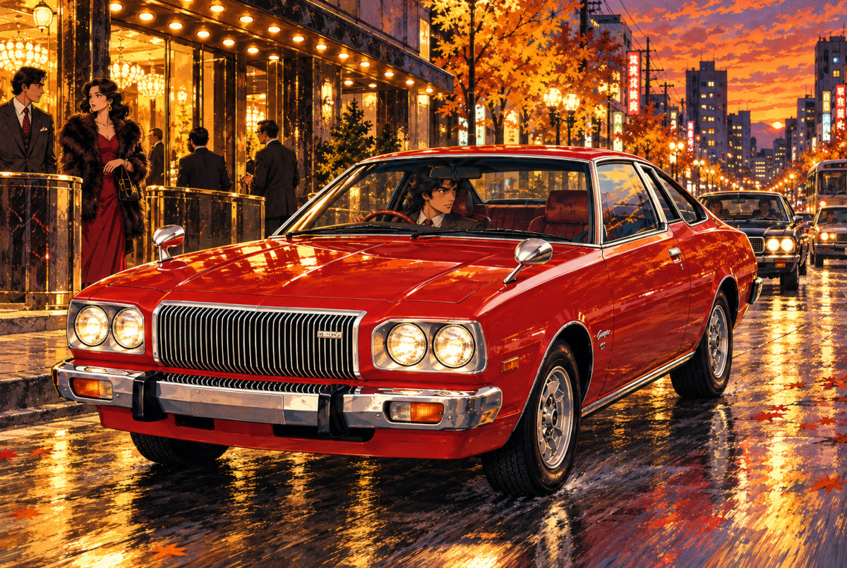 1975年型マツダ・コスモAPをイメージした赤い高級クーペと昭和の街並み