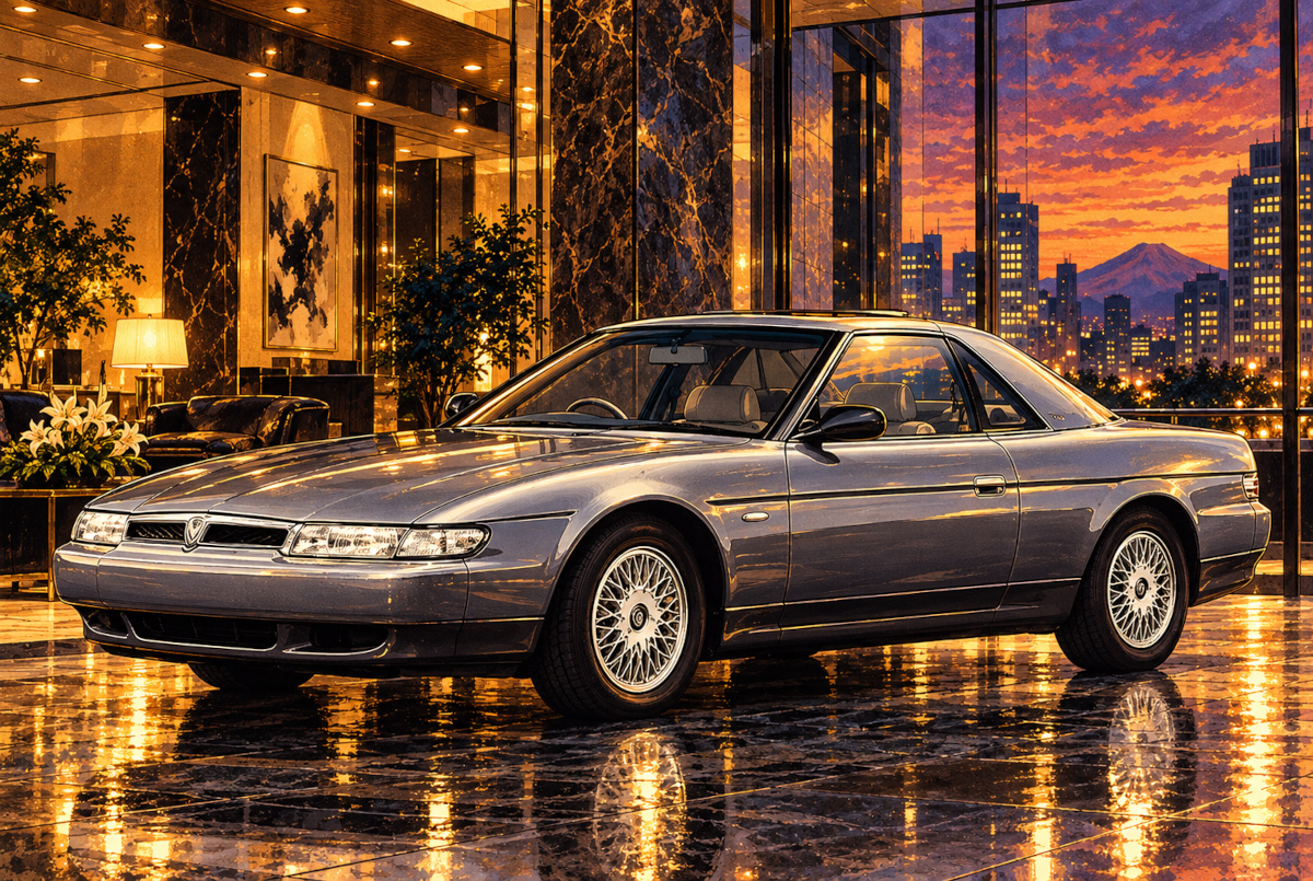 1990年型ユーノスコスモをイメージした銀色の大型2ドア高級クーペ