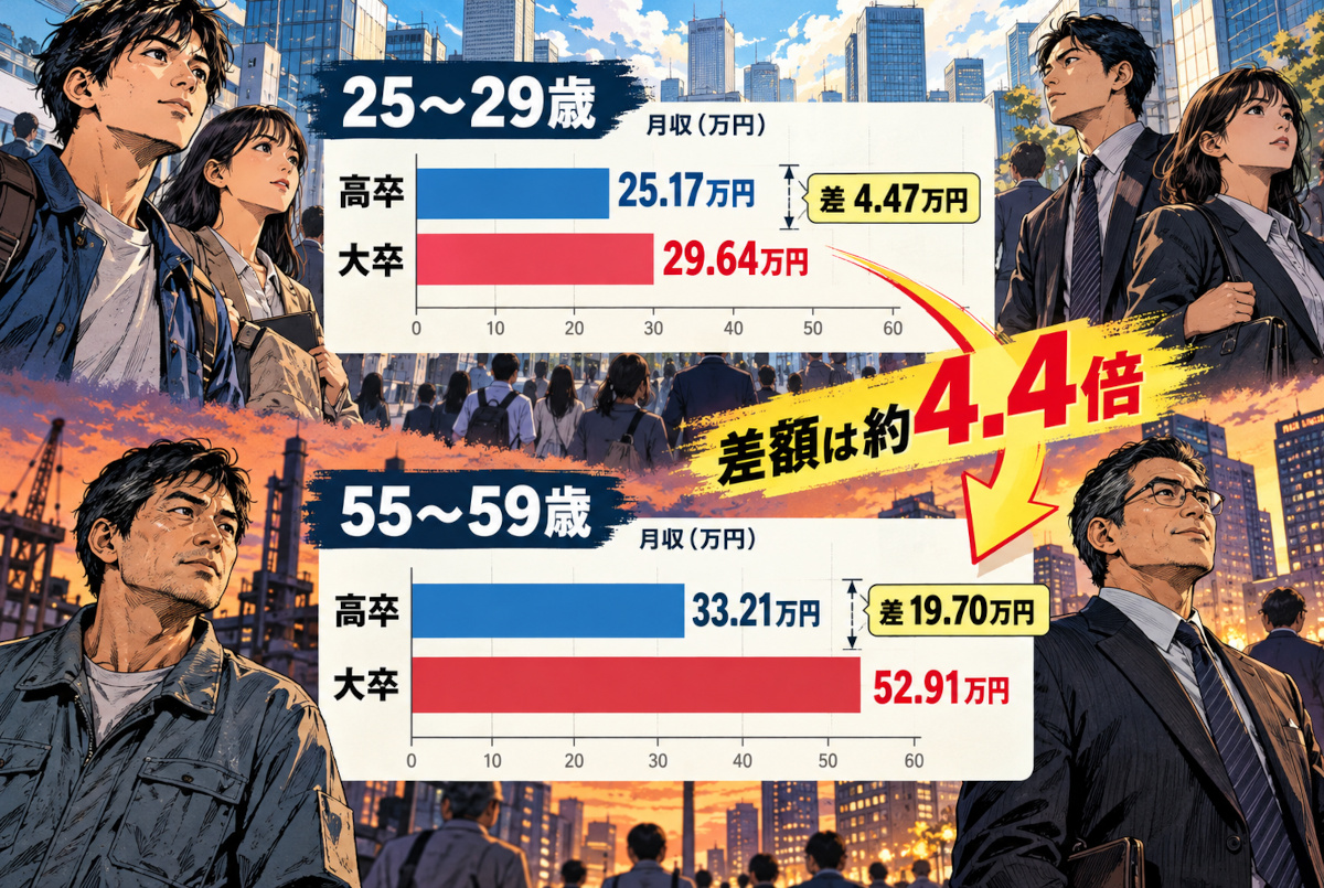高卒と大卒の平均月額賃金を25～29歳と55～59歳で比較したグラフ。賃金差は4.47万円から19.70万円へ拡大