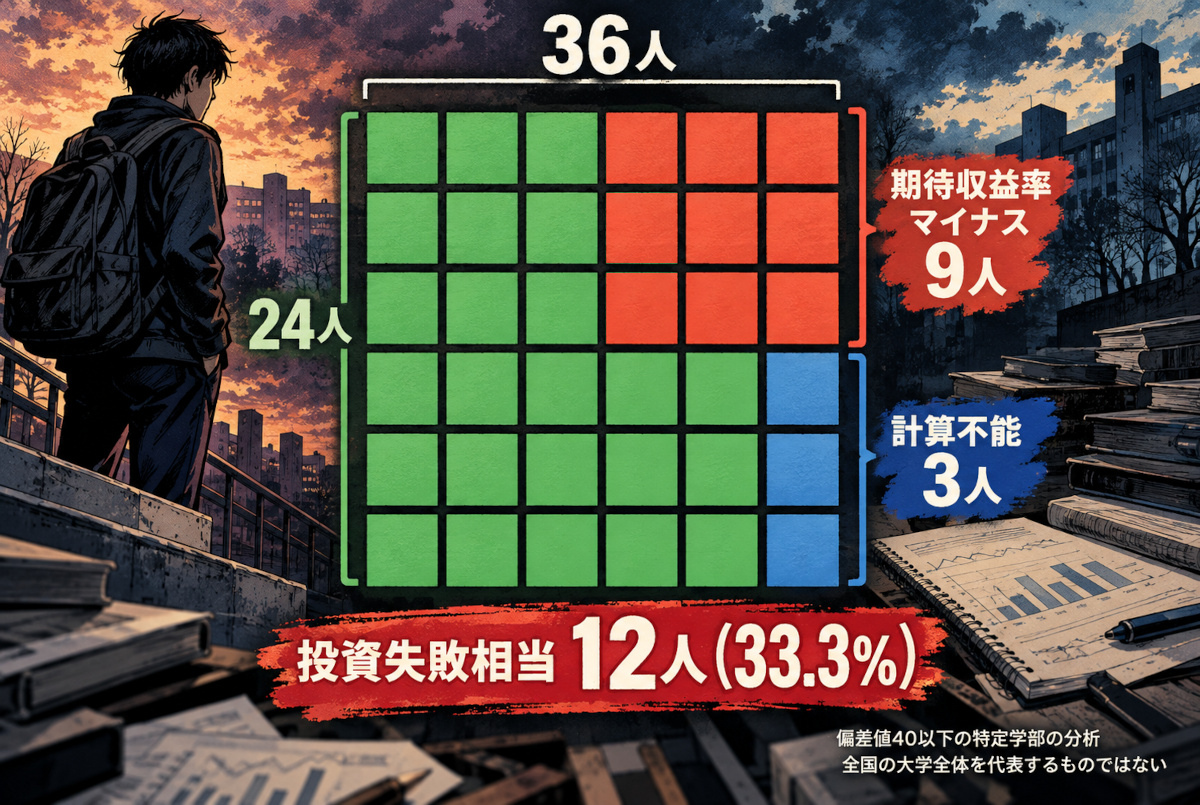 偏差値40以下の特定学部の男子民間等就職者36人の期待収益率。プラス24人、マイナス9人、計算不能3人を36マスで図解