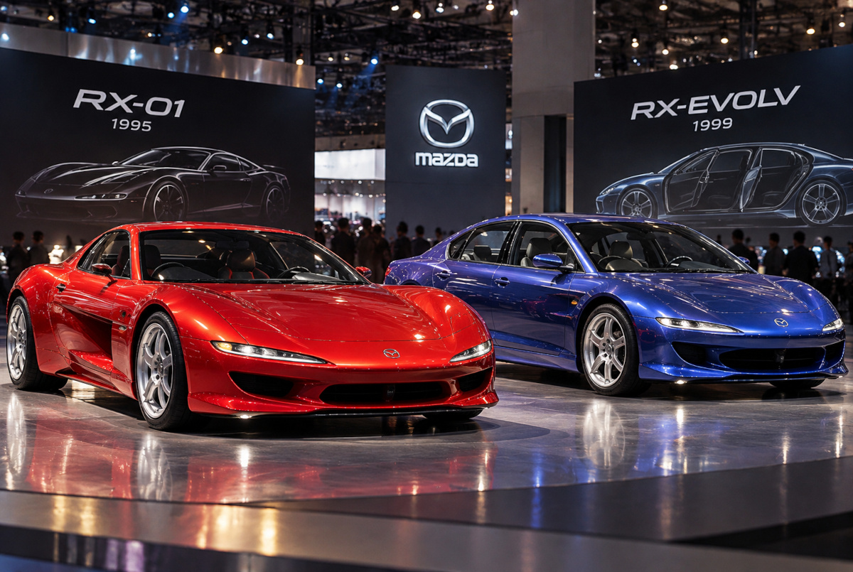 1995年のRX-01から1999年のRX-EVOLVへの商品企画の変化を示す、架空のコンセプトカー展示イラスト