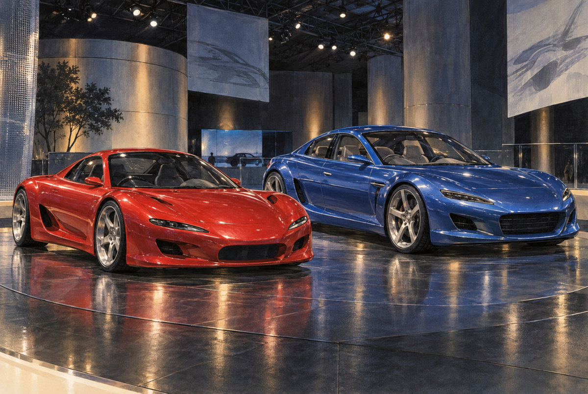低いスポーツクーペと4人乗りスポーツカーという、ロータリースポーツの異なる商品企画を象徴した創作イラスト