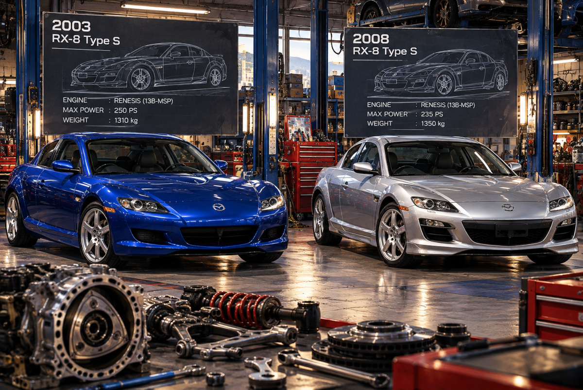 2003年型RX-8タイプSの250PS・1310kgと2008年型タイプSの235PS・1350kgを比較する技術解説イラスト
