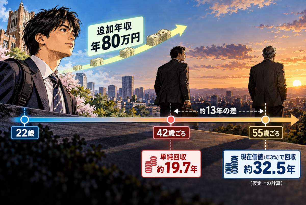 22歳から追加年収80万円が続く仮想モデル。単純回収では42歳ごろ、年3％の割引率を用いると55歳ごろに費用を回収する比較図