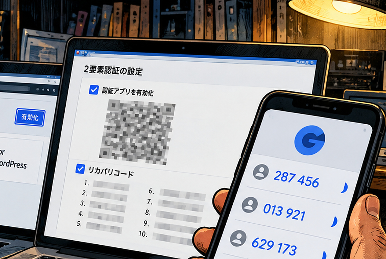WordPressのTwo Factor設定画面とGoogle Authenticatorによるスマホ認証を表したイメージ
