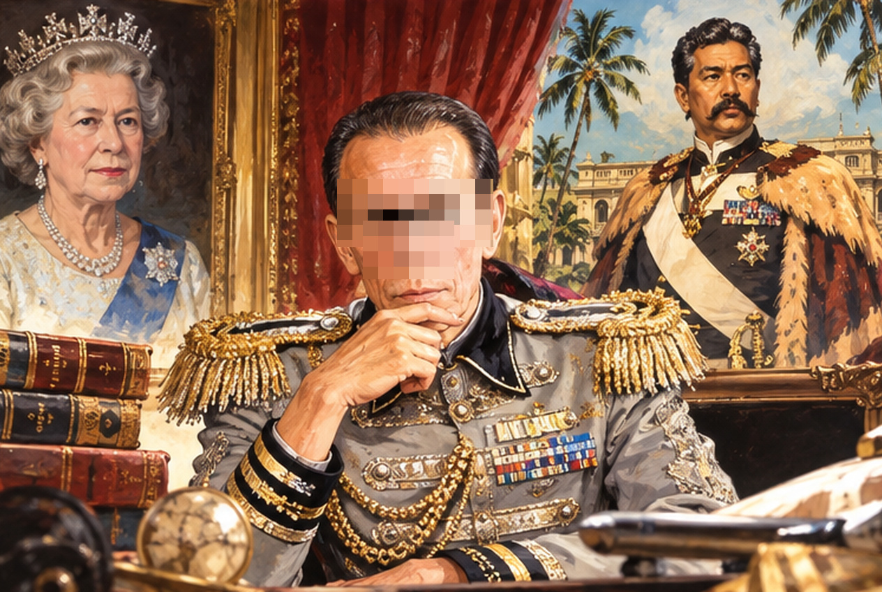 英国王室とハワイ王族の肖像を背景に、軍服姿の自称大佐を描いた劇画イラスト