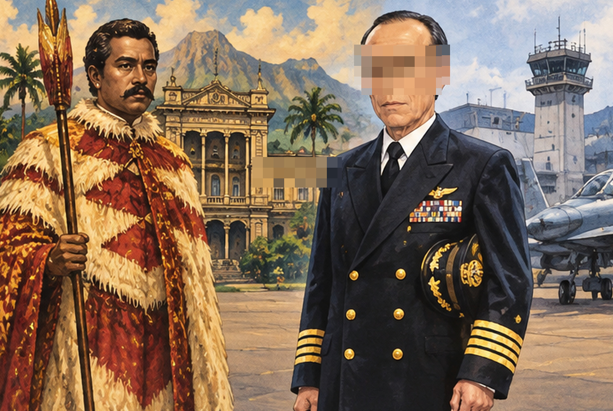 19世紀のハワイ王族を象徴する男性と近代の自称軍人を対比した劇画イラスト