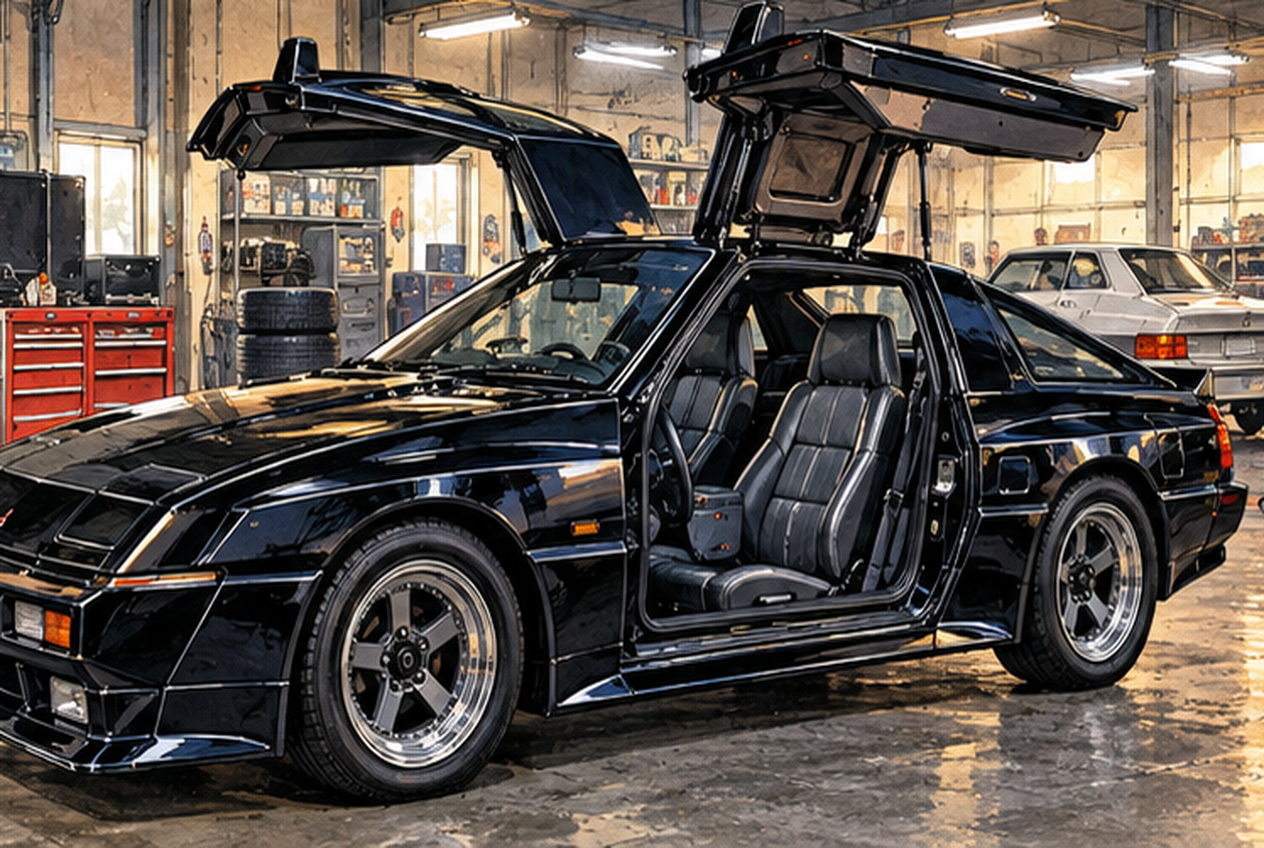 1989年型三菱スタリオン2600GSR-VRをモチーフに、左右のガルウイングドアと2人乗り室内を描いた創作イラスト