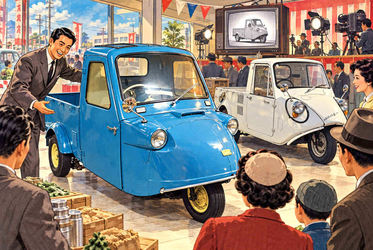 1958年ごろのテレビスタジオで、喜劇役者風の2人とスタッフがミゼットの生CMを演じる再構成イラスト
