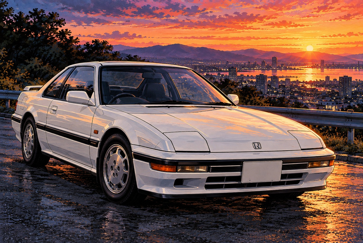 1987年型3代目ホンダ・プレリュードの低いボンネットと閉じたリトラクタブルヘッドライトを描いた昭和劇画イラスト