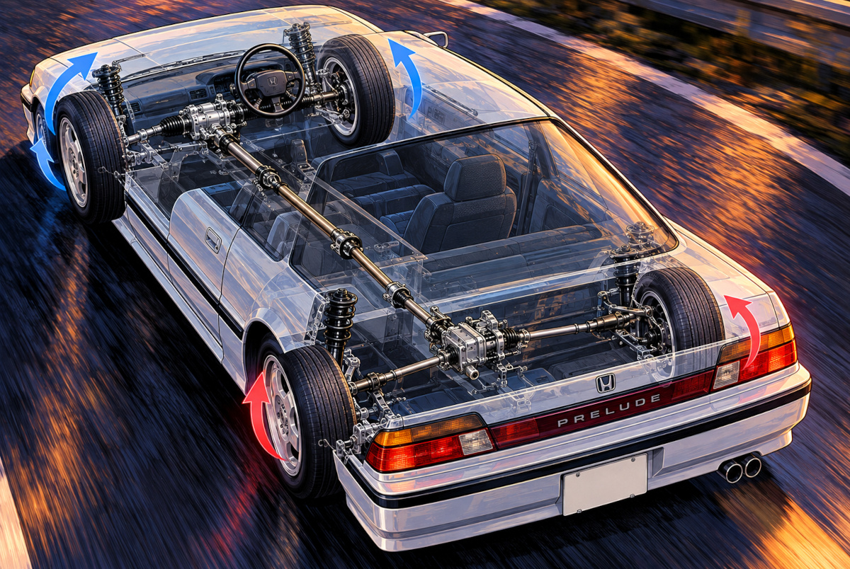 3代目ホンダ・プレリュードの車体を透視し、前後の車輪を機械的に操舵する4WS技術を象徴的に描いたAI生成イラスト