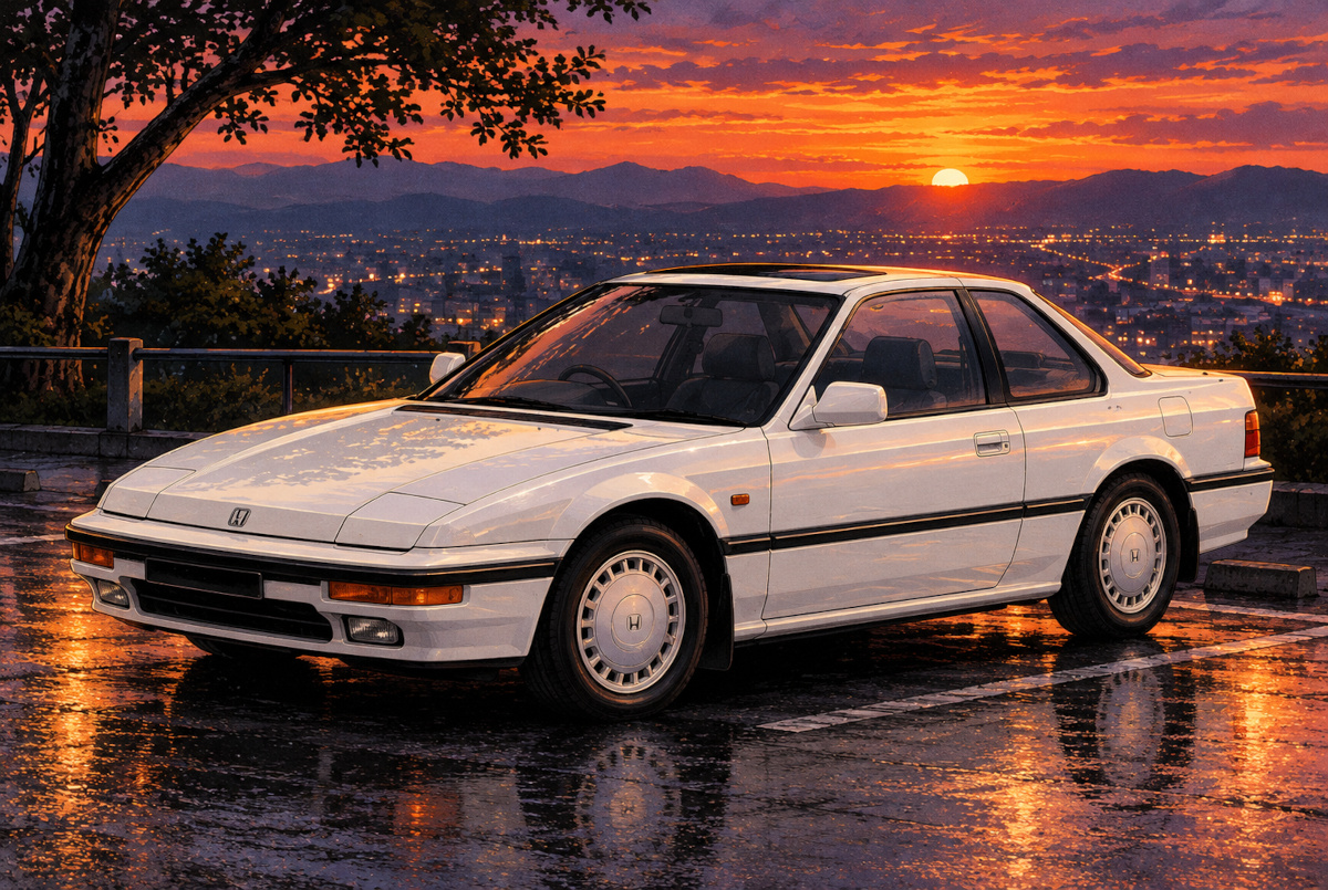 AI illustration of a white third-generation Honda Prelude parked above a city at sunset