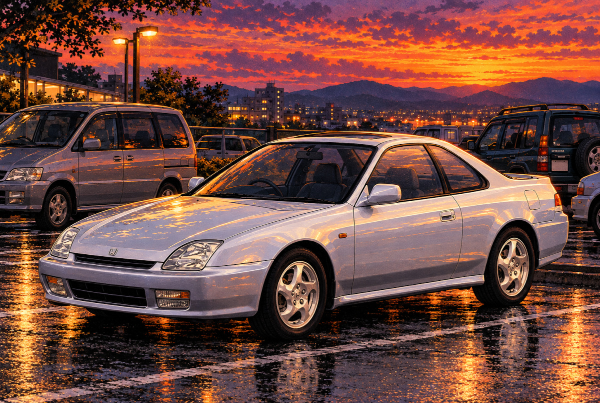AI illustration of a fifth-generation Honda Prelude parked among minivans and SUVs in late-1990s Japan