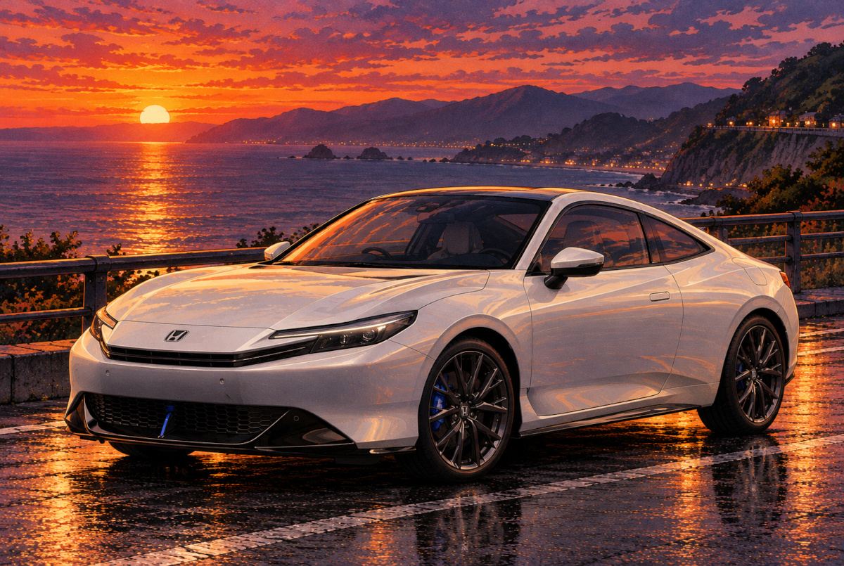 AI illustration of a white 2025 sixth-generation Honda Prelude beside the sea at sunset